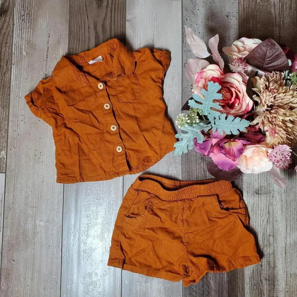 Wonder Nation Baby Girl Elevated Shirt and Shorts Linen Blend Set Size 12m NWOT